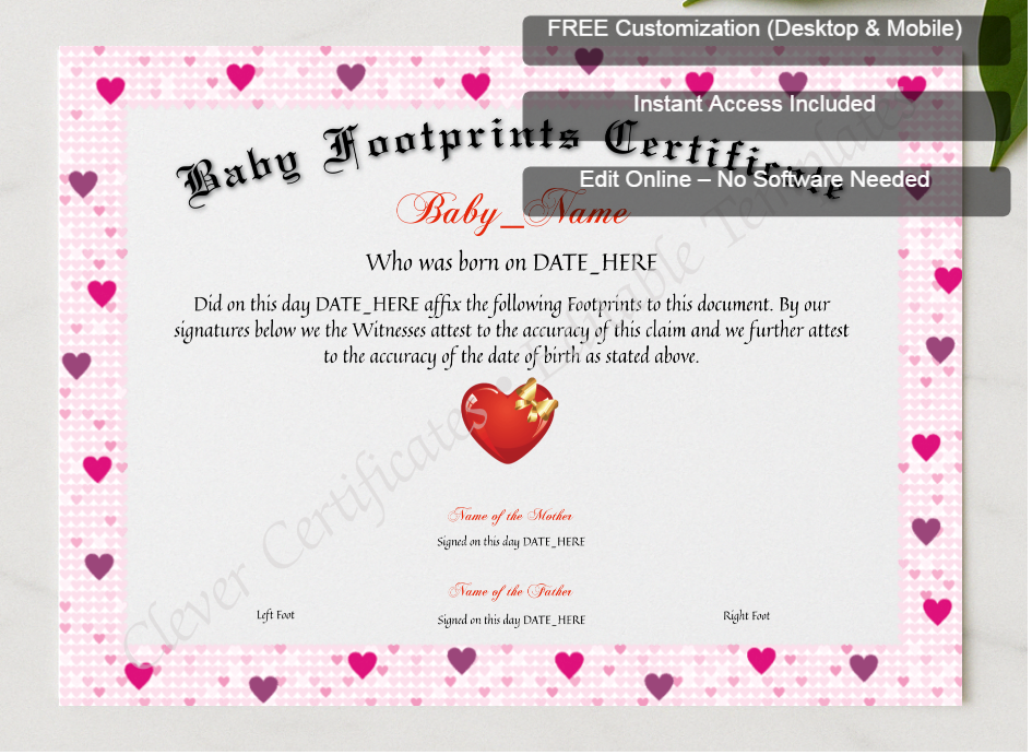 Framed preview featuring Free Editor badge stack for Baby Footprints Certificate