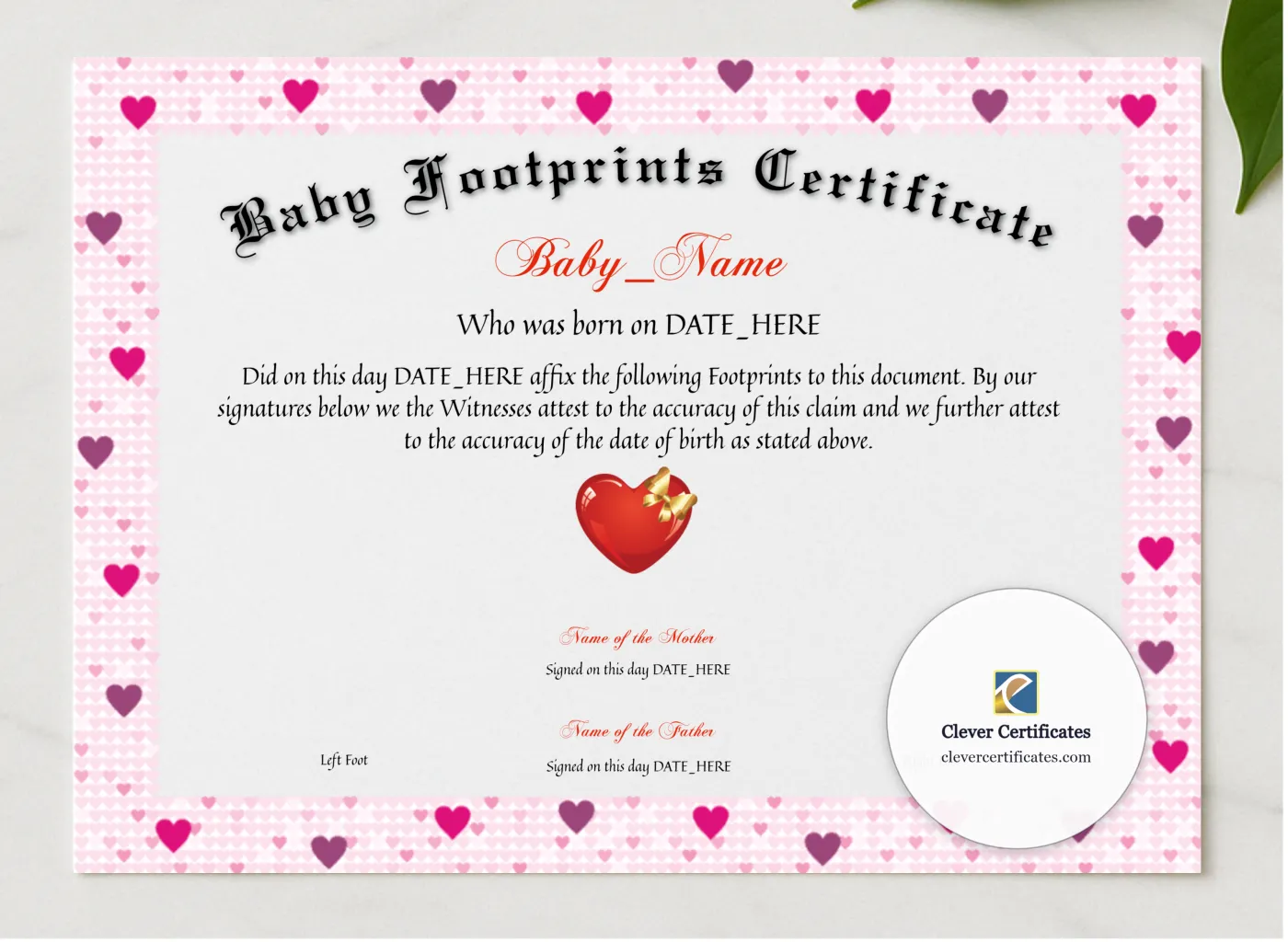 Baby Footprints Certificate presented in a sleek wooden frame, elegantly arranged on a stylish table.