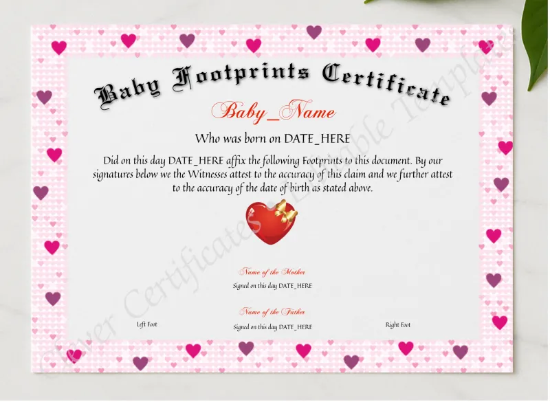 Baby Footprints Certificate presented in a sleek wooden frame, elegantly arranged on a stylish table.