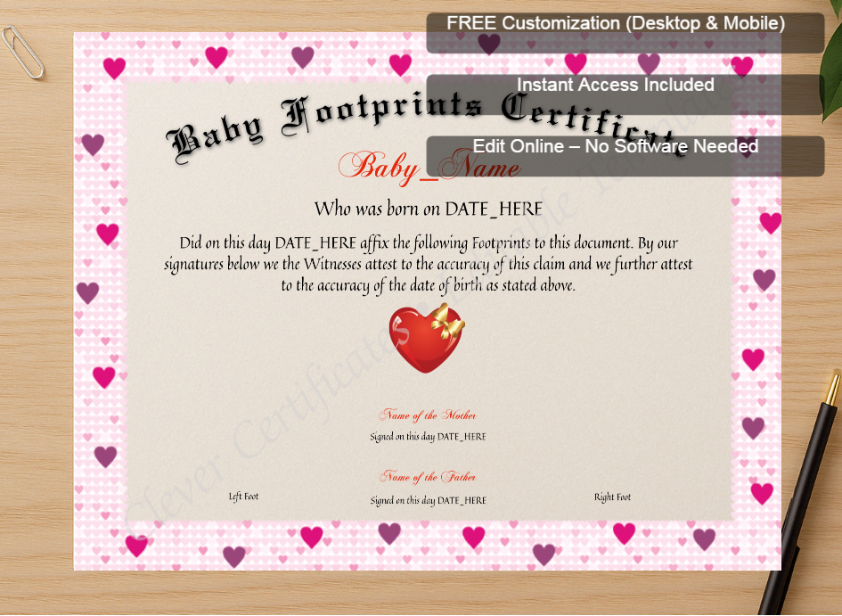 Zoomed preview with Free Editor badge stack for Baby Footprints Certificate