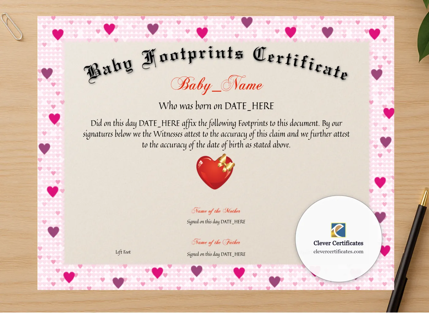 Professional preview of Baby Footprints Certificate certificate on high-quality stationery paper, ideal for showcasing the final look.