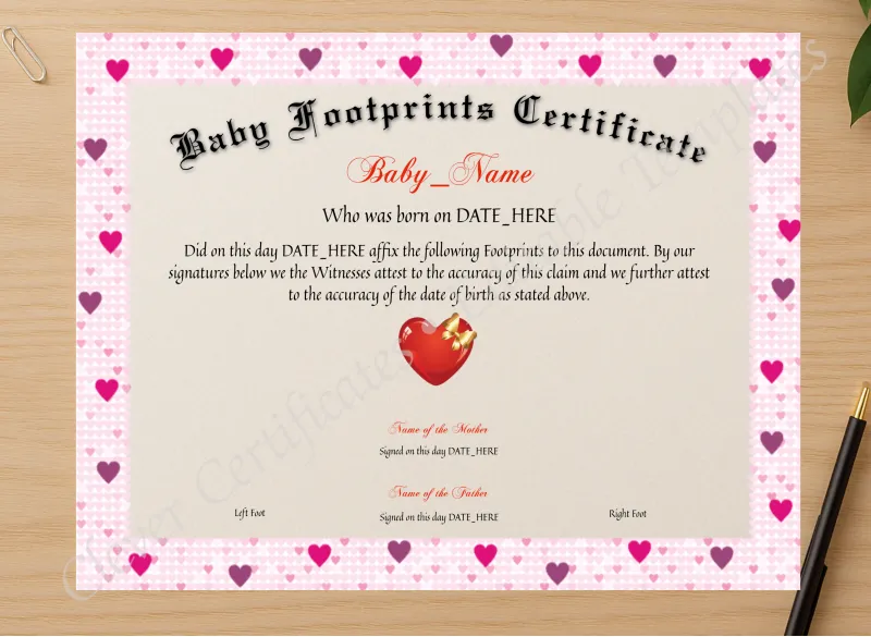 Professional preview of Baby Footprints Certificate certificate on high-quality stationery paper, ideal for showcasing the final look.