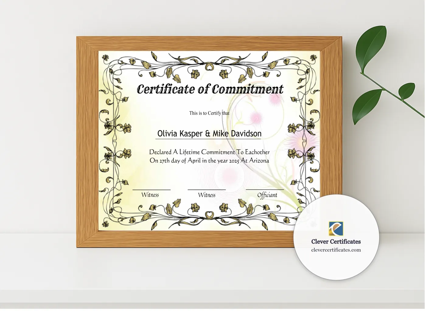 Realistic mockup featuring Editable Certificate Of Commitment displayed within a modern frame, set against a minimalistic background.