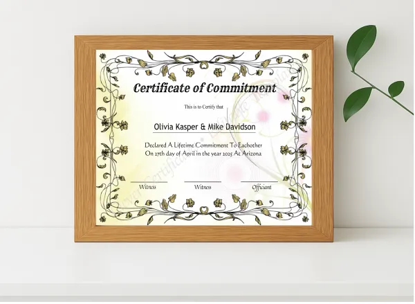 Realistic mockup featuring Editable Certificate Of Commitment displayed within a modern frame, set against a minimalistic background.