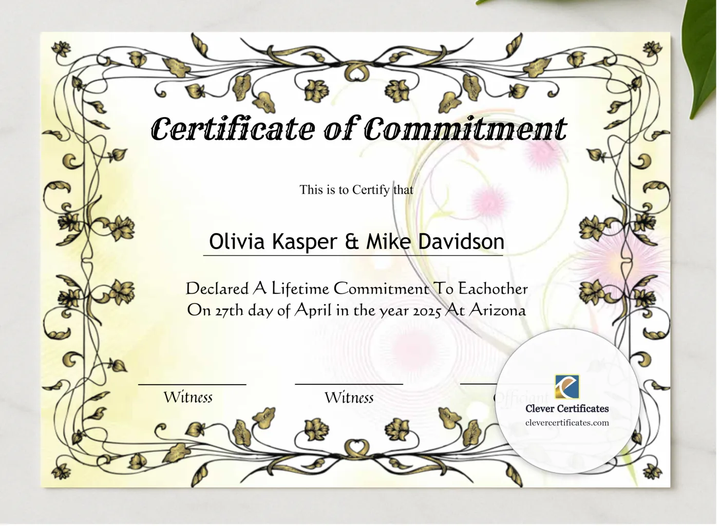 Editable Certificate Of Commitment presented in a sleek wooden frame, elegantly arranged on a stylish table.
