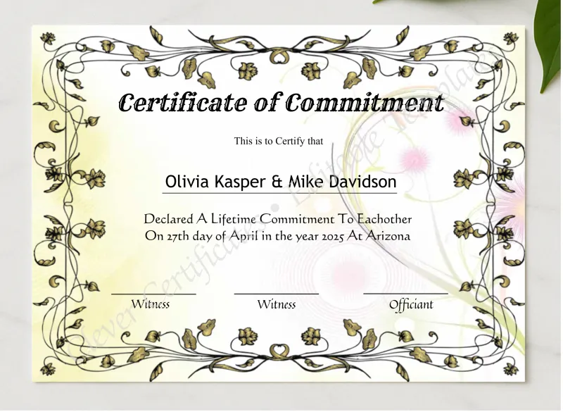 Editable Certificate Of Commitment presented in a sleek wooden frame, elegantly arranged on a stylish table.