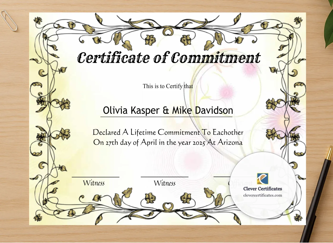Professional preview of Editable Certificate Of Commitment certificate on high-quality stationery paper, ideal for showcasing the final look.