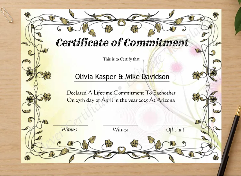 Professional preview of Editable Certificate Of Commitment certificate on high-quality stationery paper, ideal for showcasing the final look.
