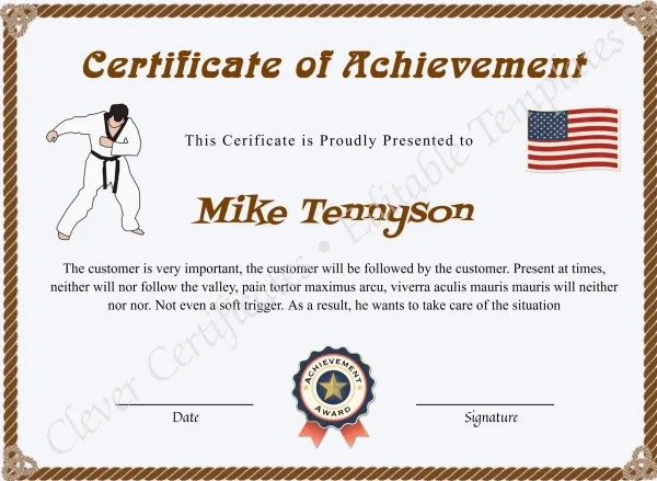 Editable Karate Black Belt Achievement Certificate