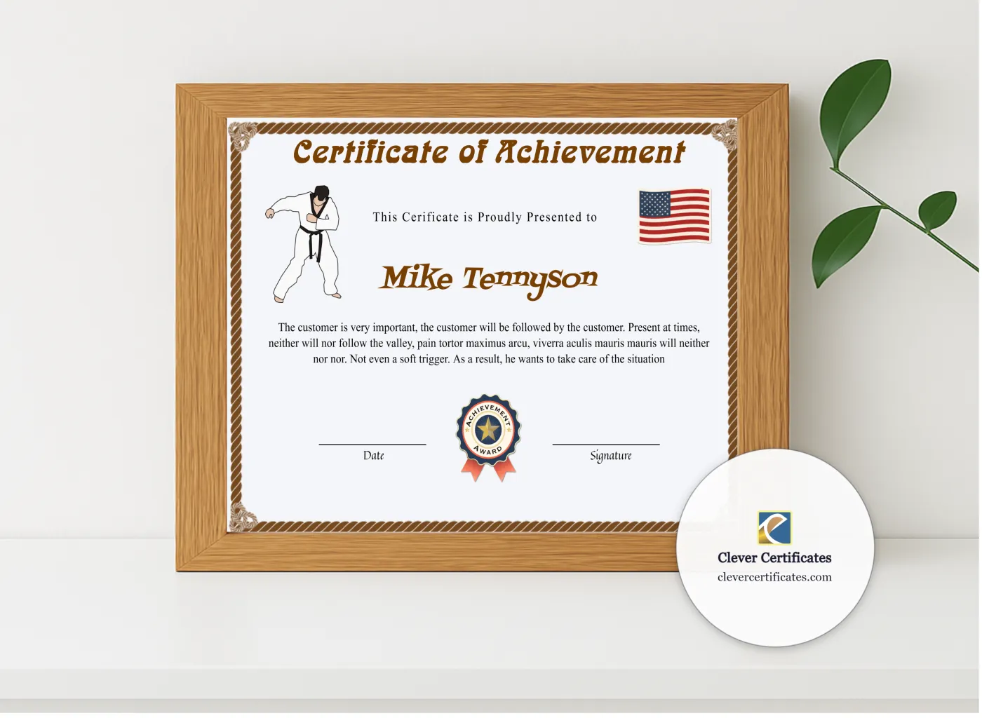 Realistic mockup featuring Editable Karate Black Belt Achievement Certificate displayed within a modern frame, set against a minimalistic background.