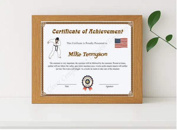 Realistic mockup featuring Editable Karate Black Belt Achievement Certificate displayed within a modern frame, set against a minimalistic background.