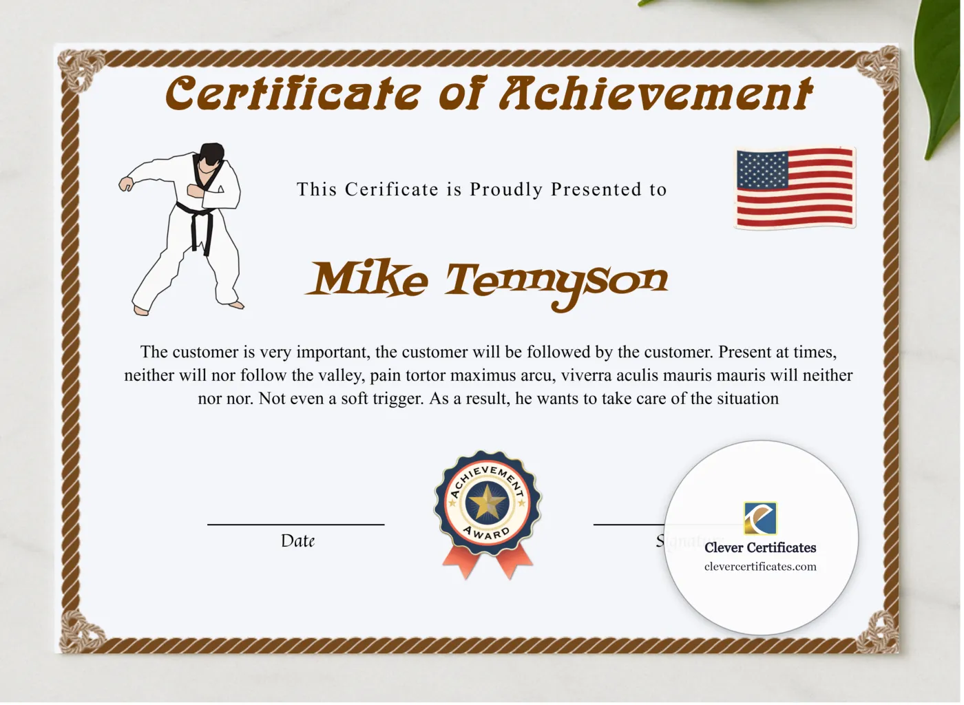 Editable Karate Black Belt Achievement Certificate presented in a sleek wooden frame, elegantly arranged on a stylish table.