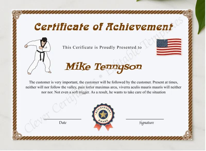 Editable Karate Black Belt Achievement Certificate presented in a sleek wooden frame, elegantly arranged on a stylish table.