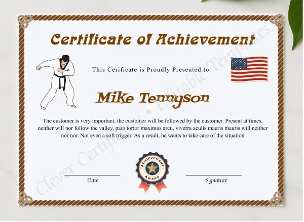 Editable Karate Black Belt Achievement Certificate presented in a sleek wooden frame, elegantly arranged on a stylish table.