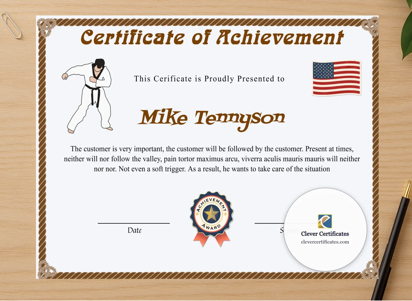 Professional preview of Editable Karate Black Belt Achievement Certificate certificate on high-quality stationery paper, ideal for showcasing the final look.
