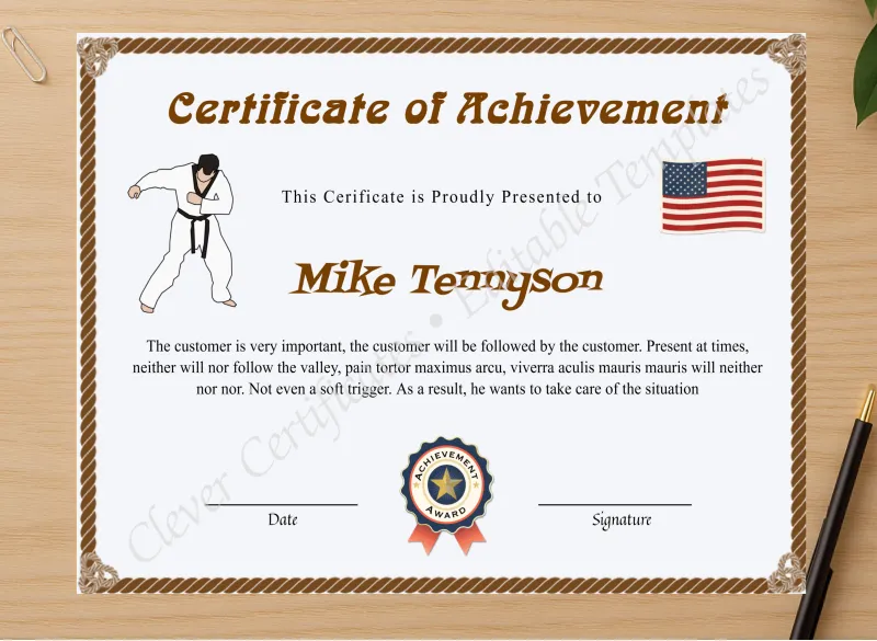 Professional preview of Editable Karate Black Belt Achievement Certificate certificate on high-quality stationery paper, ideal for showcasing the final look.