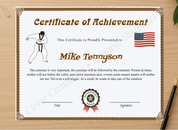 Professional preview of Editable Karate Black Belt Achievement Certificate certificate on high-quality stationery paper, ideal for showcasing the final look.