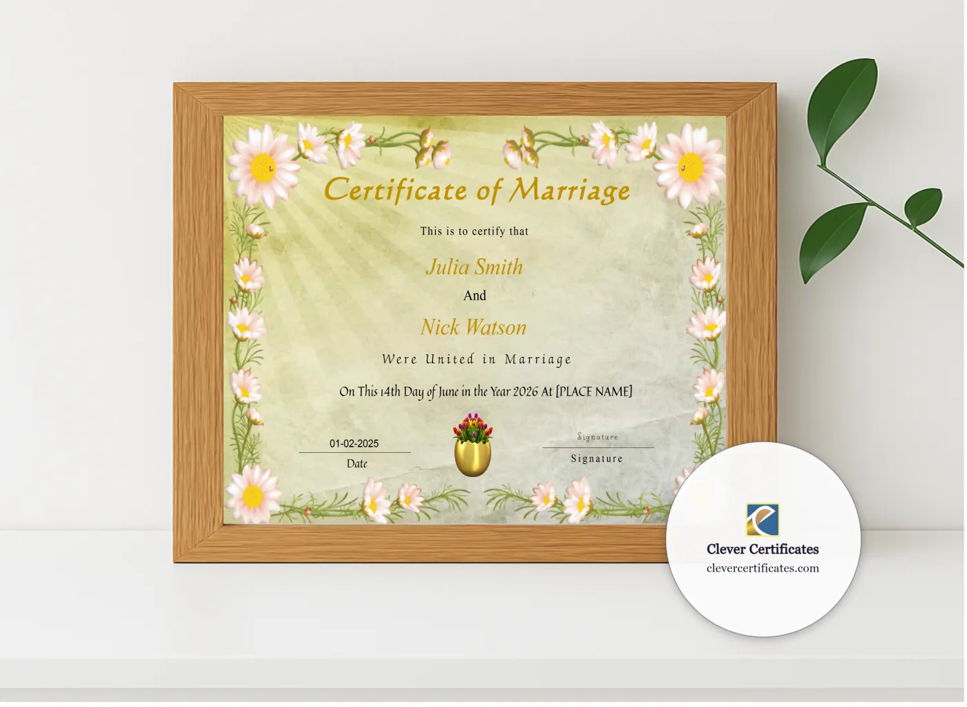 Realistic mockup featuring Printable Wedding Certificate displayed within a modern frame, set against a minimalistic background.