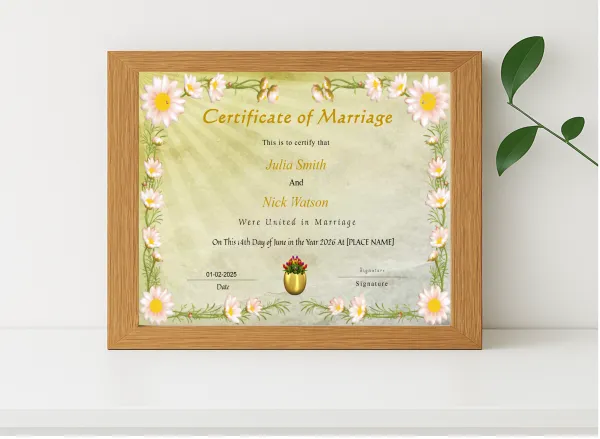 Realistic mockup featuring Printable Wedding Certificate displayed within a modern frame, set against a minimalistic background.