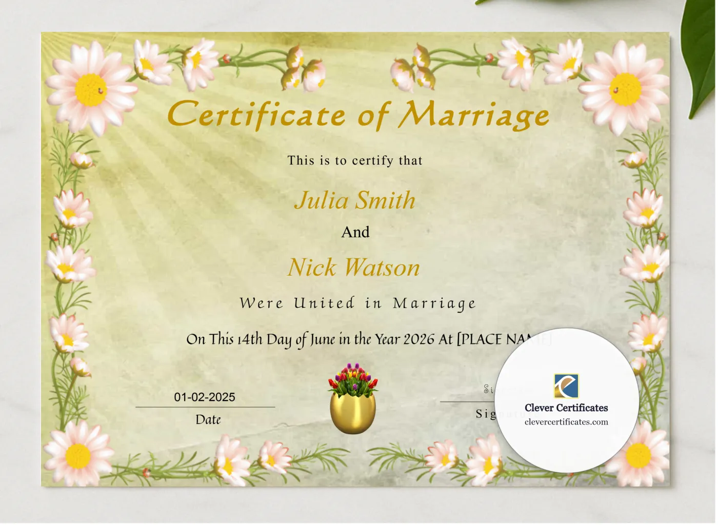 Printable Wedding Certificate presented in a sleek wooden frame, elegantly arranged on a stylish table.