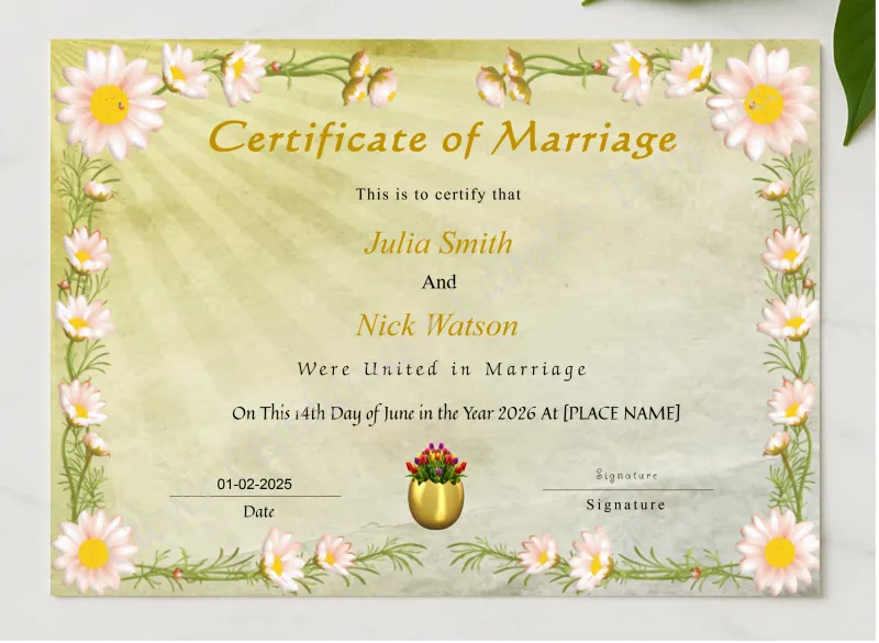 Printable Wedding Certificate presented in a sleek wooden frame, elegantly arranged on a stylish table.