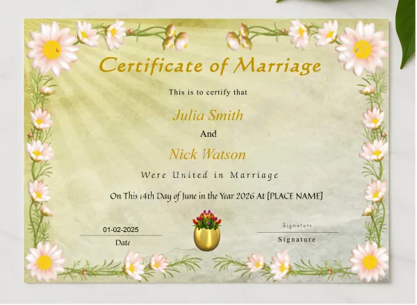 Printable Wedding Certificate presented in a sleek wooden frame, elegantly arranged on a stylish table.