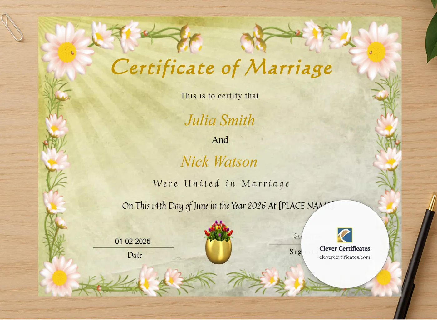 Professional preview of Printable Wedding Certificate certificate on high-quality stationery paper, ideal for showcasing the final look.