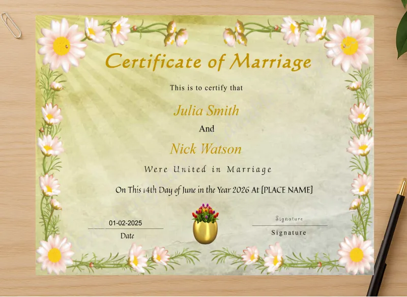 Professional preview of Printable Wedding Certificate certificate on high-quality stationery paper, ideal for showcasing the final look.