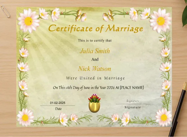 Professional preview of Printable Wedding Certificate certificate on high-quality stationery paper, ideal for showcasing the final look.
