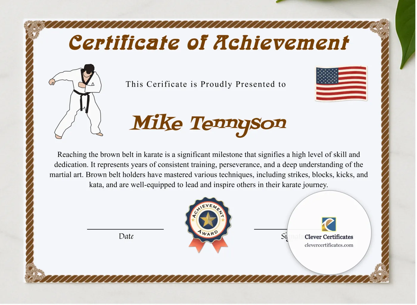 Editable Karate Brown Belt Certificate presented in a sleek wooden frame, elegantly arranged on a stylish table.