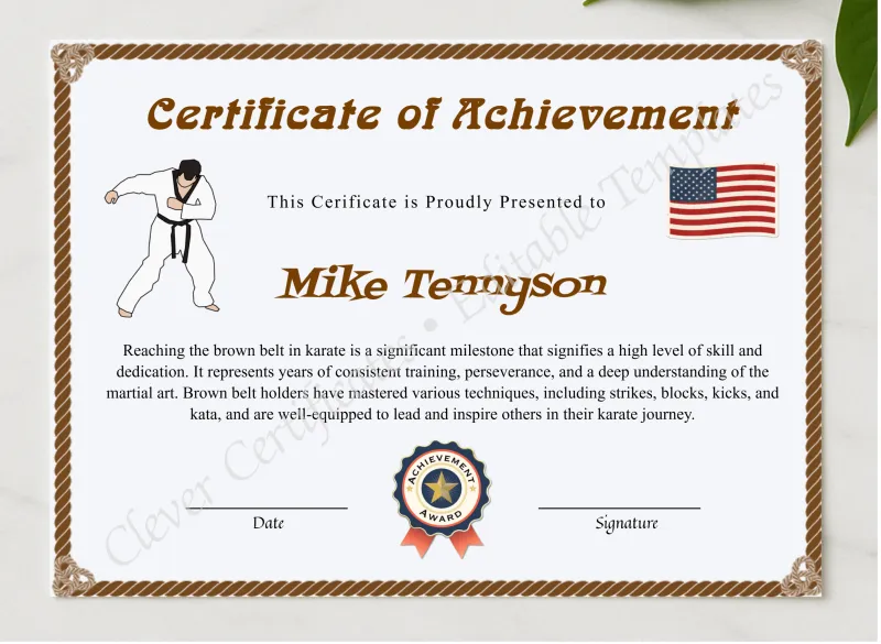 Editable Karate Brown Belt Certificate presented in a sleek wooden frame, elegantly arranged on a stylish table.