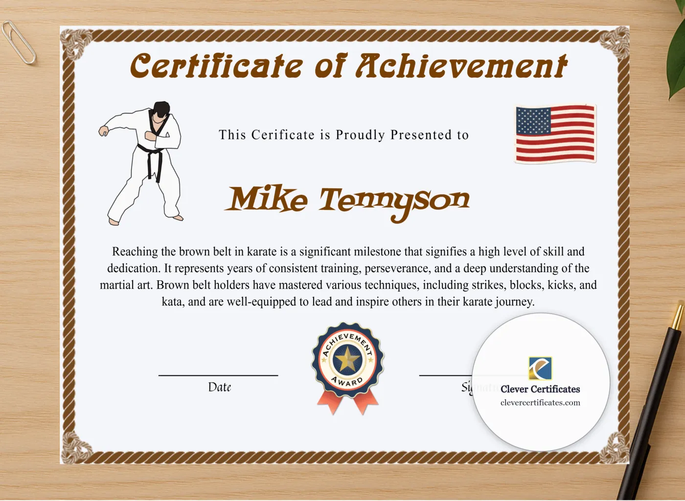 Professional preview of Editable Karate Brown Belt Certificate certificate on high-quality stationery paper, ideal for showcasing the final look.