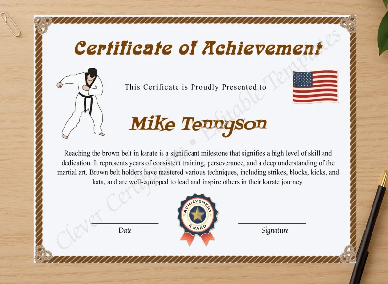 Professional preview of Editable Karate Brown Belt Certificate certificate on high-quality stationery paper, ideal for showcasing the final look.