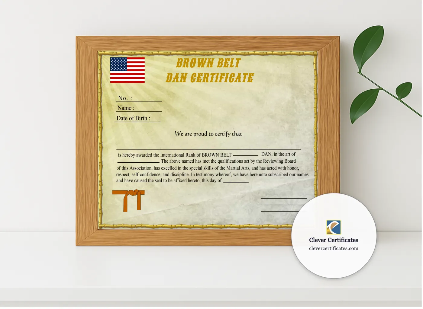 Realistic mockup featuring Editable Brown Belt Dan Certificate displayed within a modern frame, set against a minimalistic background.