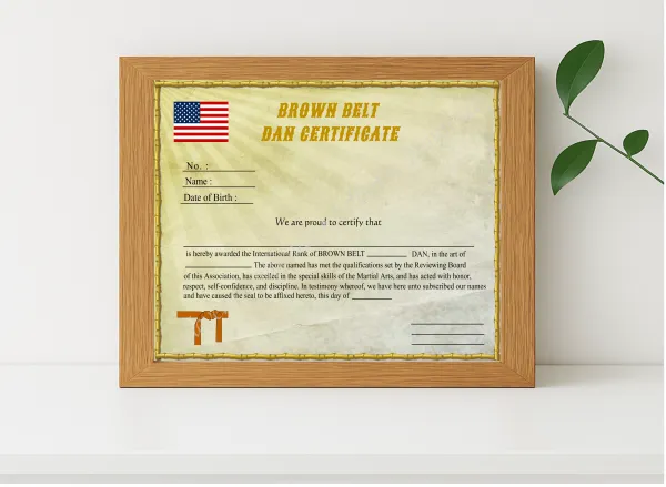 Realistic mockup featuring Editable Brown Belt Dan Certificate displayed within a modern frame, set against a minimalistic background.