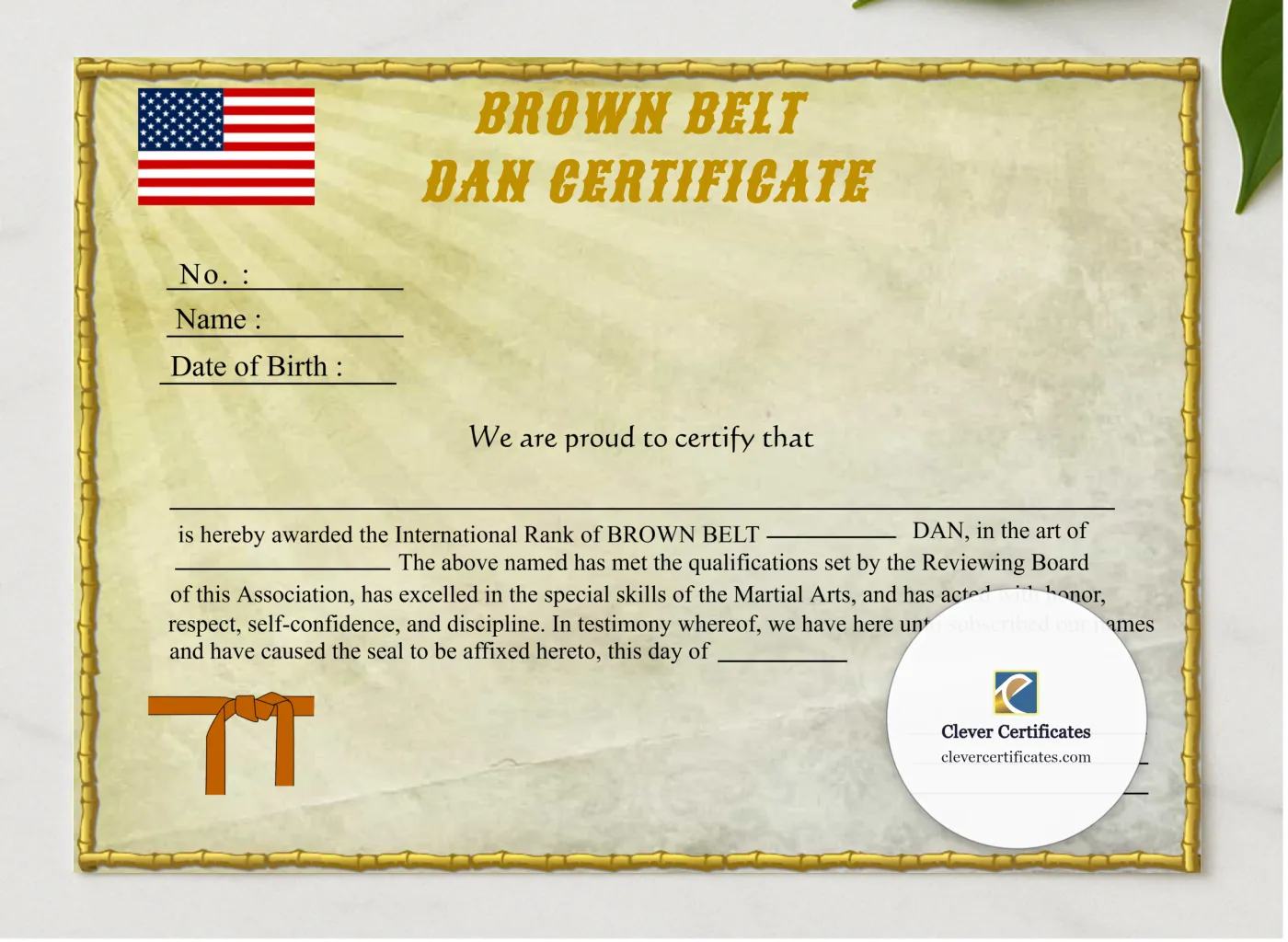 Editable Brown Belt Dan Certificate presented in a sleek wooden frame, elegantly arranged on a stylish table.