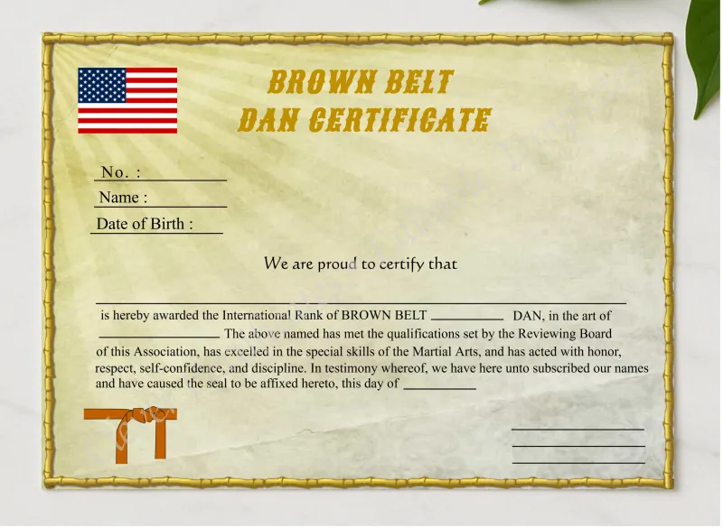 Editable Brown Belt Dan Certificate presented in a sleek wooden frame, elegantly arranged on a stylish table.