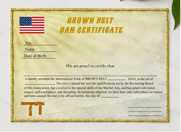 Editable Brown Belt Dan Certificate presented in a sleek wooden frame, elegantly arranged on a stylish table.