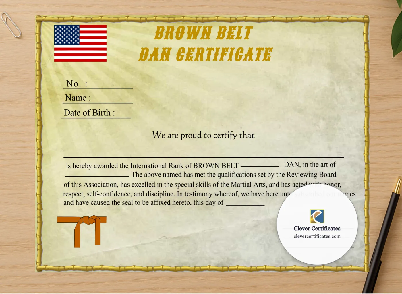 Professional preview of Editable Brown Belt Dan Certificate certificate on high-quality stationery paper, ideal for showcasing the final look.