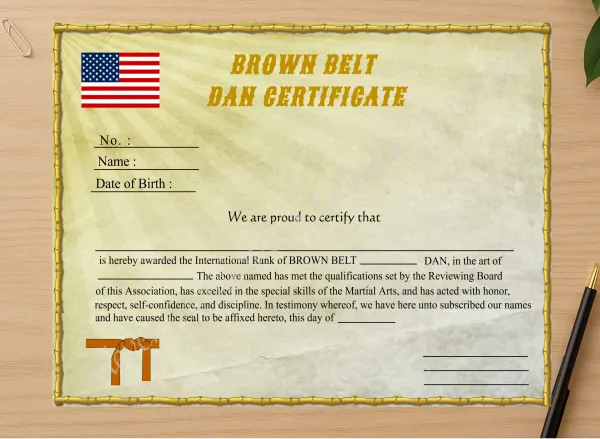 Professional preview of Editable Brown Belt Dan Certificate certificate on high-quality stationery paper, ideal for showcasing the final look.