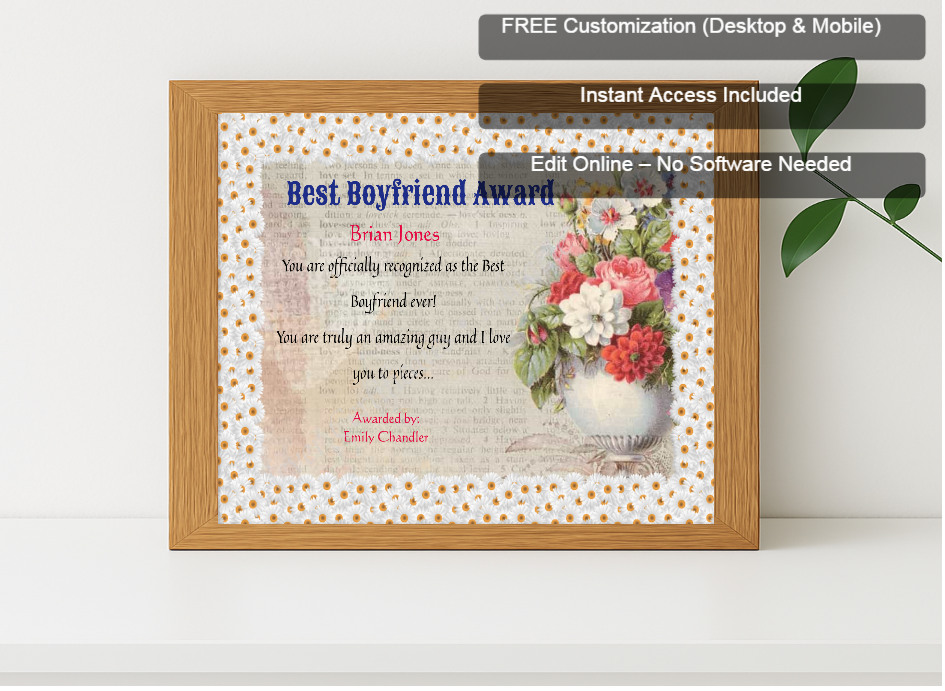 Premium mockup with Free Editor badge stack for World Best Boyfriend Certificate