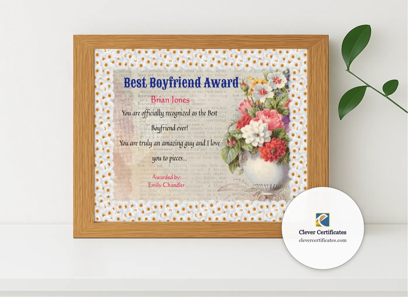 Realistic mockup featuring World Best Boyfriend Certificate displayed within a modern frame, set against a minimalistic background.