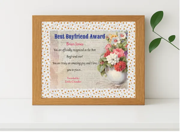 Realistic mockup featuring World Best Boyfriend Certificate displayed within a modern frame, set against a minimalistic background.