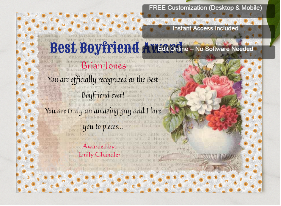 Framed preview featuring Free Editor badge stack for World Best Boyfriend Certificate