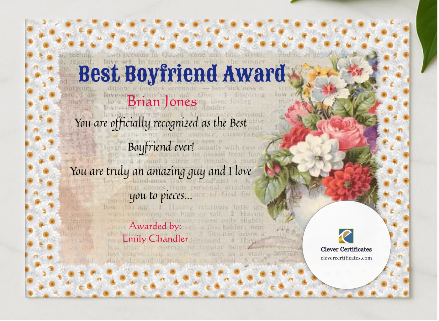 World Best Boyfriend Certificate presented in a sleek wooden frame, elegantly arranged on a stylish table.