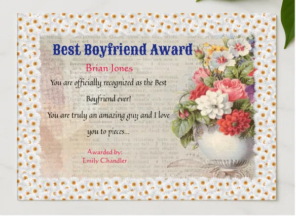 World Best Boyfriend Certificate presented in a sleek wooden frame, elegantly arranged on a stylish table.