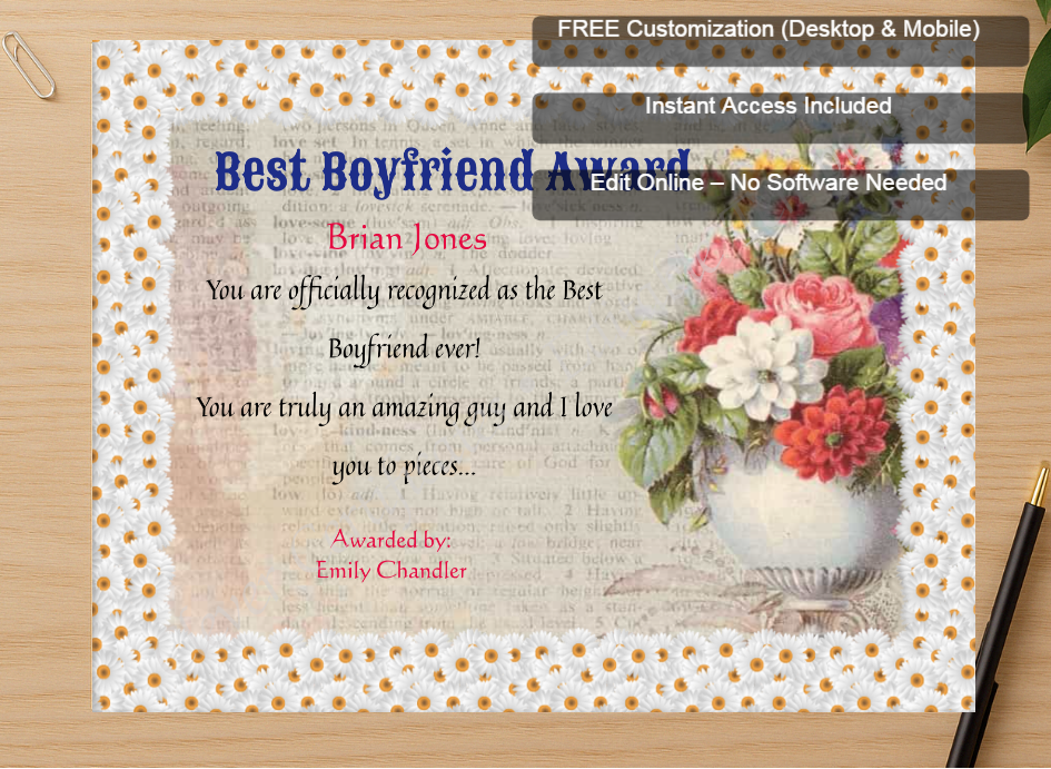 Zoomed preview with Free Editor badge stack for World Best Boyfriend Certificate
