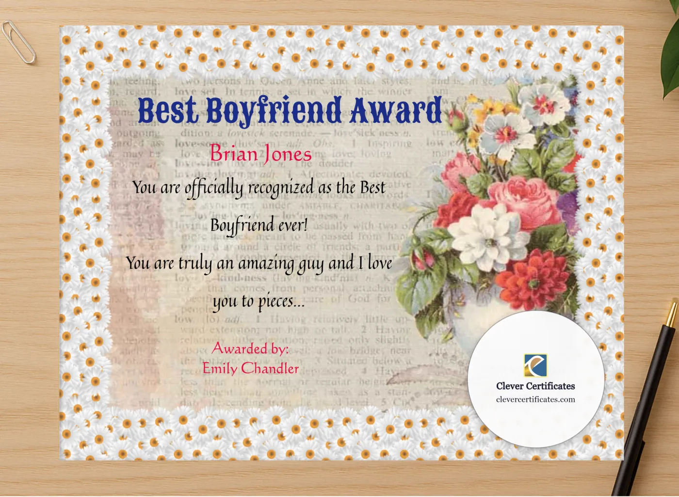 Professional preview of World Best Boyfriend Certificate certificate on high-quality stationery paper, ideal for showcasing the final look.