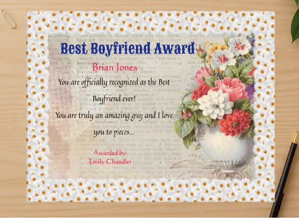 Professional preview of World Best Boyfriend Certificate certificate on high-quality stationery paper, ideal for showcasing the final look.