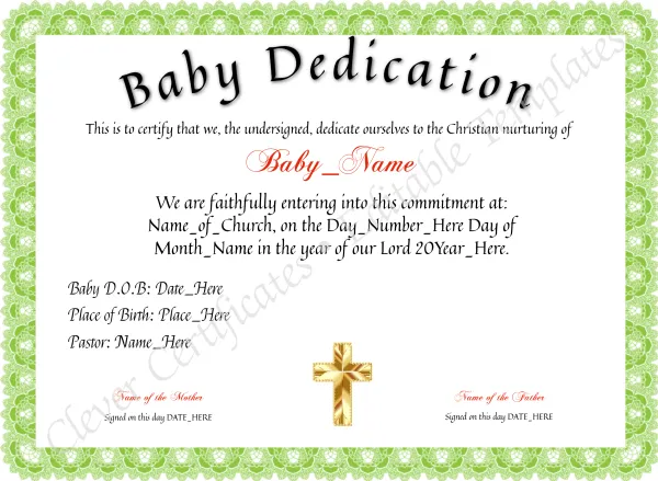 Dedication Of Baby Certificate